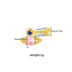 Detailed size specifications for a gold Saturn planet ear piercing with pink and blue stones