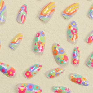 Rainbow wavy lines and colorful floral pattern press-on acrylic artificial nails