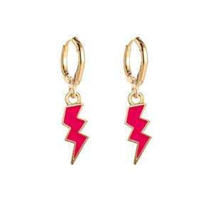 Detail of gold-plated lightning bolt earrings with hot pink drip oil enamel finish
