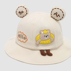 Kids cream cotton bucket hat with cute bear ears and 3D cartoon embroidery decor