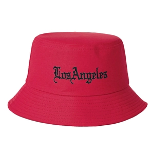 Red embroidered Los Angeles bucket hat with flat top and wide brim for sun protection