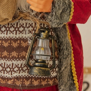 Standing Santa Claus doll in red velvet robe with lantern for Christmas home decor