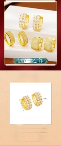 Detail of geometric gold-plated earrings with CZ diamonds and dimensions overview