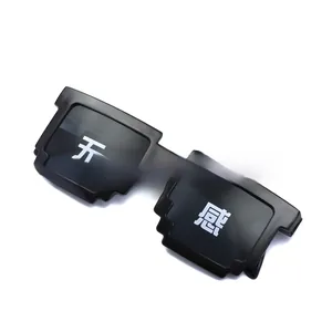 Macro shot of black pixel sunglasses with white Chinese text print on a white background