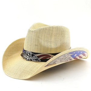 Classic American style straw cowboy hat with USA metal badge and eagle wing emblems