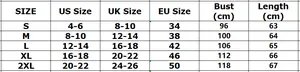 Maattabel voor double-breasted blazer met US, UK, EU maten en borstomtrek details