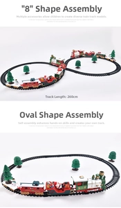 Detail of vintage Christmas electric train set showing 260CM track in 8-shape and oval layout