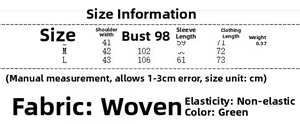 Size chart and fabric details for women's green plaid blazer with measurements
