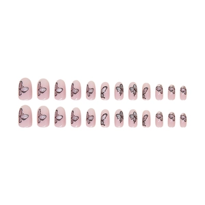 Cat-eye oval press-on nails with pink base and black butterfly design, 24 pieces set
