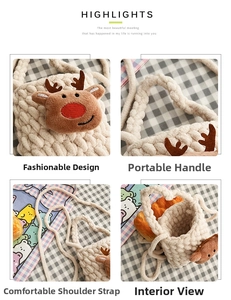 Detail view of handmade crochet Christmas reindeer bag with woven handle and strap