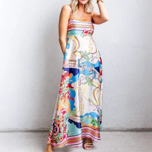 Women Summer Tropical Map Print Maxi Dress Satin Smocked Back High Waist Sleeveless Vacation Beach Cami Long Dresses
