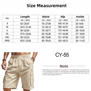 Detailed size chart for men's loose cargo shorts with CM and Inch measurements