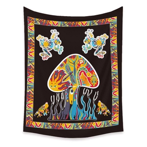 Detail of psychedelic mushroom tapestry with frog and snake motifs for boho room decor
