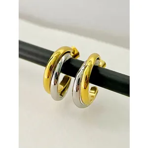 Double Hoop C Shape Earrings Titanium Steel 18K Gold Plated Overlapping Minimalist Ins Style Geometric For Women