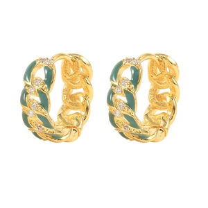 Detail view of gold S925 sterling silver chain earrings with green enamel and zircons