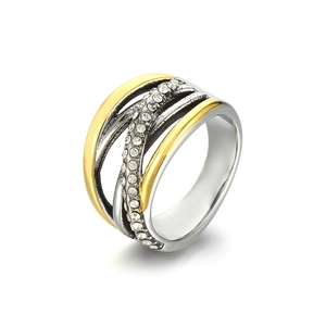 Minimalist two-tone stainless steel ring with encrusted crystals and layered design