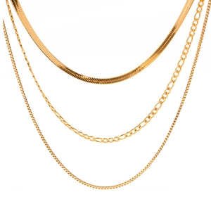 Set of four layered golden snake, figaro, box and rope chains with high polish finish