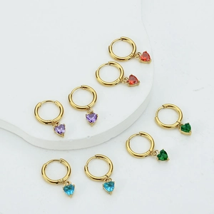 Gold heart drop earrings with colorful zircon stones in red purple green and blue