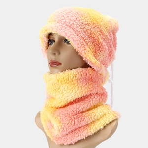 Detail of pink and yellow gradient sherpa fleece winter hat and neck warmer set