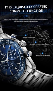 Close-up of blue sunray dial chronograph watch with luminous hands and date window