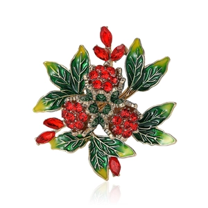Exquisite enamel rose bud brooch with red crystals and green leaves on gold alloy