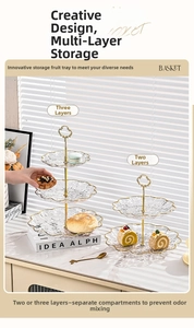 Detail of hammer-pattern glass tiered fruit tray with gold metal handle and wavy edges