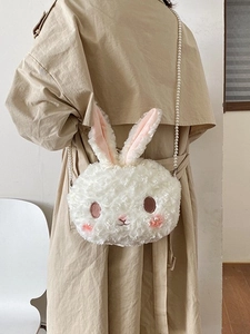 Cute white plush rabbit crossbody bag with elegant pearl chain strap for women