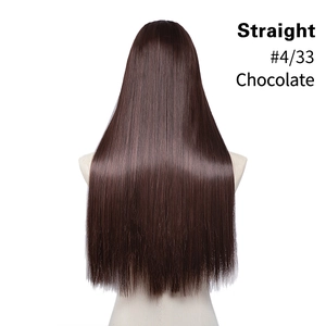 Detail view of straight long chocolate synthetic hair extension in shade #4/33 from back