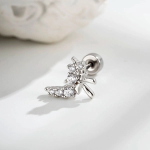 Silver bow and branch cartilage stud earring with sparkling cubic zirconia stones