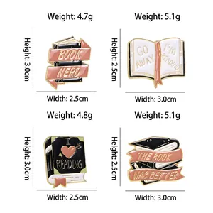 Set of four book-themed enamel pins with gold trim for backpacks and jackets