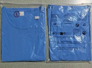 Detail view of sky blue sleeveless polyester T-shirt showing size L tag and logo