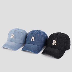 Classic denim baseball caps in blue and black with embroidered letter R patch for fashion