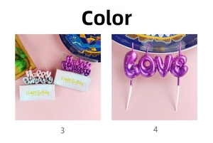 Detail of gradient LOVE and Happy Birthday candles with a shiny metallic finish