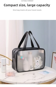Macro shot of waterproof frosted PVC cosmetic bag with cute cartoon rabbit prints