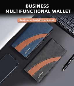 Business long wallets for men in navy and black leather featuring contrast stitching details