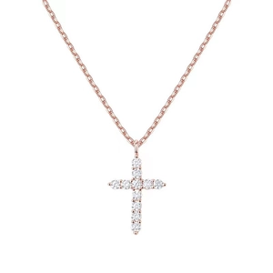 Close-up of a rose gold cross pendant necklace featuring brilliant round-cut gemstones
