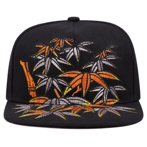 Black snapback hat with 3D bamboo embroidery and flat brim for street hip-hop style