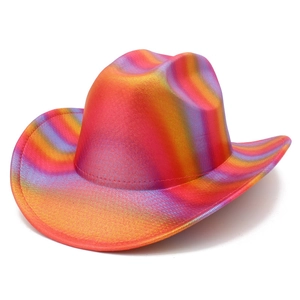 Detailed side view of a metallic rainbow cowboy hat with vibrant gradient finish for parties