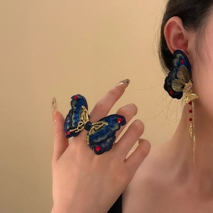 Vintage Butterfly Embroidery Rhinestone Tassel Earrings Ring Necklace Hair Clip Elegant Jewelry Accessories For Women