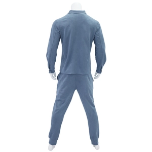 Rear view of men's gray blue suede jacket and trousers set on a white mannequin