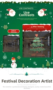 Detail view of green Christmas tree window sticker with Merry Christmas typography decoration