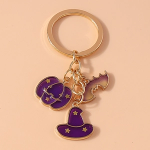 Detail showing Halloween keychain with purple pumpkin, witch hat and bat charms