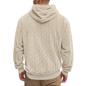 Detailed back view of men's beige hooded teddy fleece sweatshirt with textured jacquard knit