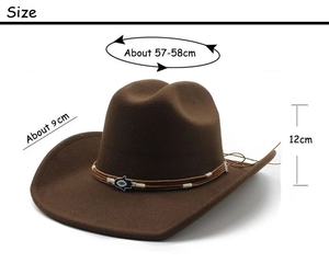 Detaillierte Größenangaben für kaffeebraunen Western-Cowboyhut aus Filz mit Hand-Anhänger