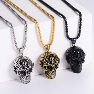 Detailed relief patterns on punk skull pendants in gold, silver, and matte black finish