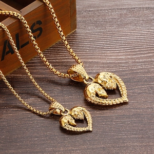 Collier en acier titane avec pendentifs cœur double crâne doré vintage sur chaîne box
