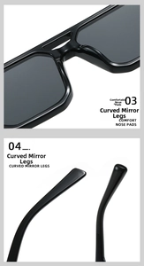 Close-up of integrated nose pads and ergonomic curved temples of stylish black sunglasses