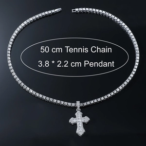 Hip hop silver tennis chain necklace with iced out cross pendant and crystal stones