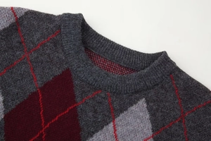 Close-up of the knitted crew neck and argyle diamond pattern on a vintage sweater