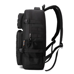 Black tactical outdoor backpack with MOLLE webbing system and breathable shoulder straps